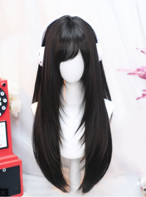 Chic Sweet Lolita Fashion Versatile Y2K Angled Bangs Layered Long Straight Hair Wig