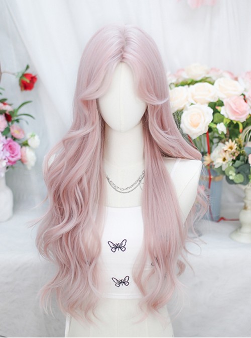 Sweet Lolita Fashion Elegant Second Dimension Y2K Pink Mid Split Bangs Long Curly Wig