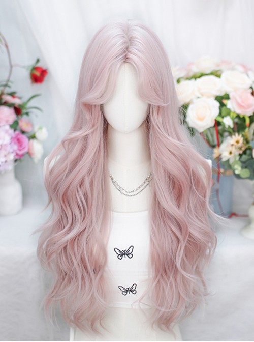Sweet Lolita Fashion Elegant Second Dimension Y2K Pink Mid Split Bangs Long Curly Wig