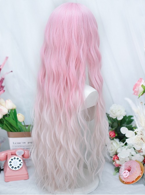 Peach Sweet Wine Series Sweet Lolita Quadratic Element Cute Fairy Universal Pink To White Gradient Long Curly Wig