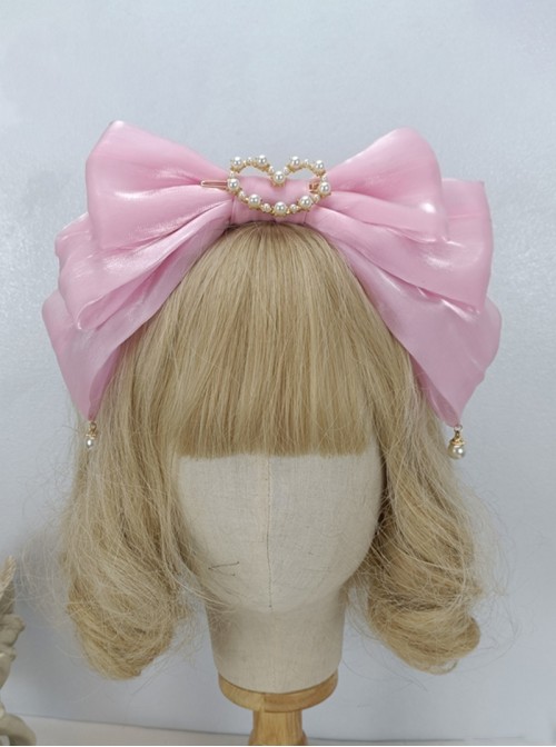 Elegant French Sweet Lolita Organza 3D Oversized Bow Love Pearl Hair Accessory Headband