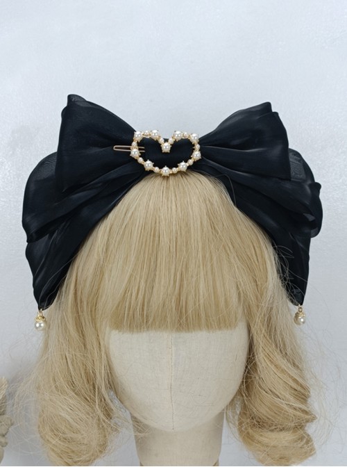 Elegant French Sweet Lolita Organza 3D Oversized Bow Love Pearl Hair Accessory Headband