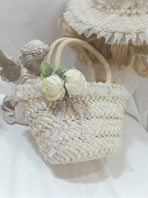 Elegant Camellia Classic Lolita Rococo Vintage Woven Pastel Sweet Tote Basket Handbag
