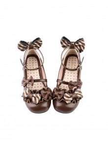 Striped Chocolate Sweet Lolita Bowknot Pleated Edge Soft Low Heels Mary Jane Shoes