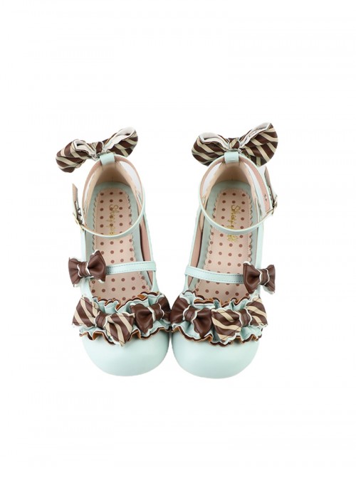 Striped Chocolate Sweet Lolita Bowknot Pleated Edge Soft Low Heels Mary Jane Shoes