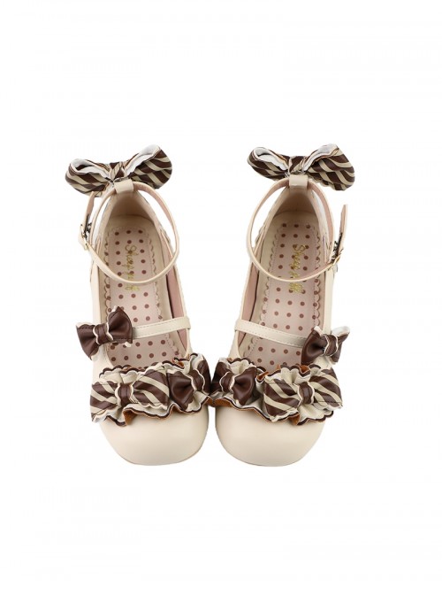 Striped Chocolate Sweet Lolita Bowknot Pleated Edge Soft Low Heels Mary Jane Shoes