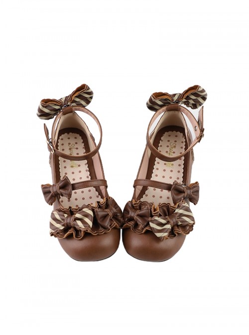 Striped Chocolate Sweet Lolita Bowknot Pleated Edge Soft Low Heels Mary Jane Shoes