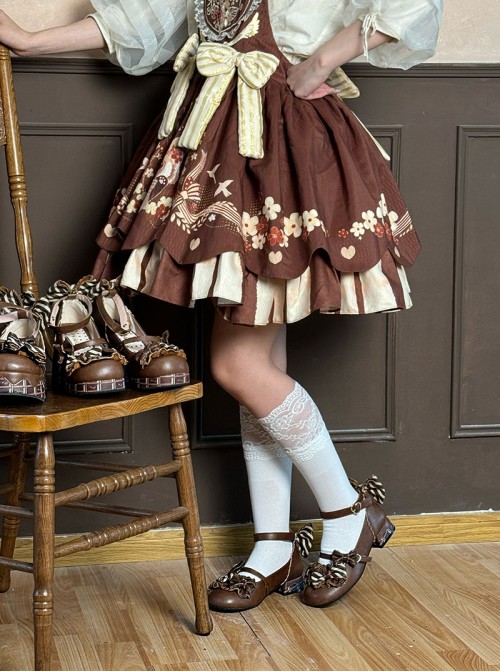 Striped Chocolate Sweet Lolita Bowknot Pleated Edge Soft Low Heels Mary Jane Shoes