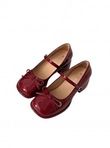 Elegant French Style Classic Lolita Delicate Bowknot Tie Square Toe Mid Heel Mary Jane Patent Leather Shoes
