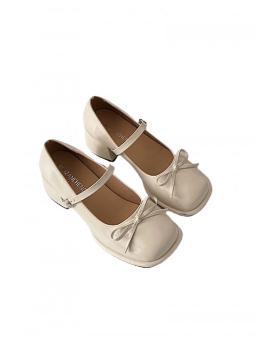 Elegant French Style Classic Lolita Delicate Bowknot Tie Square Toe Mid Heel Mary Jane Patent Leather Shoes