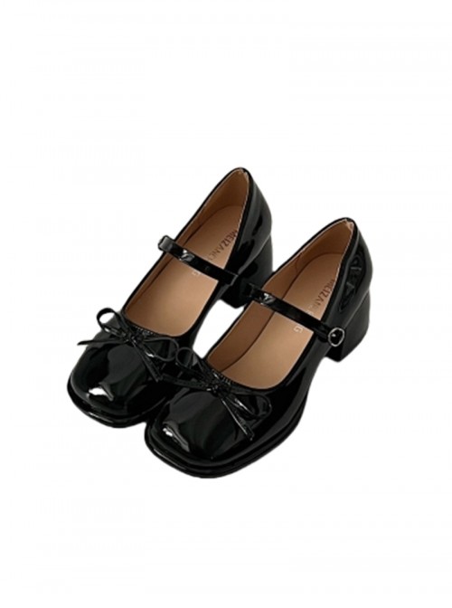 Elegant French Style Classic Lolita Delicate Bowknot Tie Square Toe Mid Heel Mary Jane Patent Leather Shoes