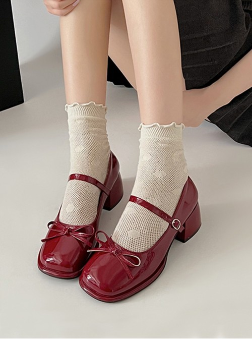 Elegant French Style Classic Lolita Delicate Bowknot Tie Square Toe Mid Heel Mary Jane Patent Leather Shoes