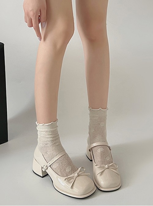 Elegant French Style Classic Lolita Delicate Bowknot Tie Square Toe Mid Heel Mary Jane Patent Leather Shoes