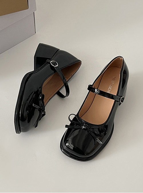 Elegant French Style Classic Lolita Delicate Bowknot Tie Square Toe Mid Heel Mary Jane Patent Leather Shoes