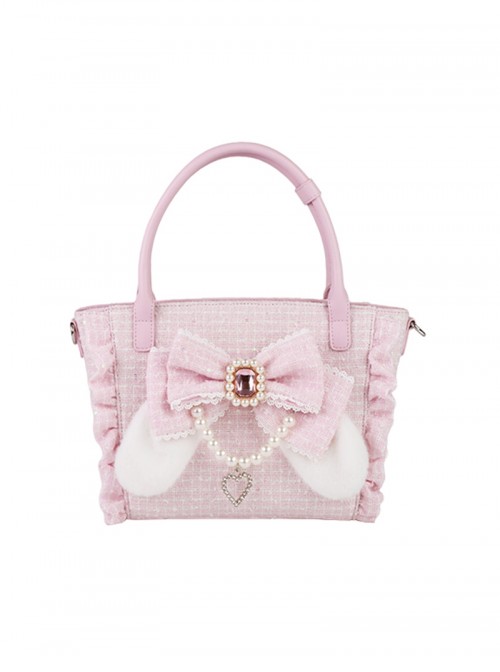 Bunny Lelely Series Kawaii Fashion Exquisite Pearl Bow Jirai Onna Japanese Style Lace Crossbody Handbag