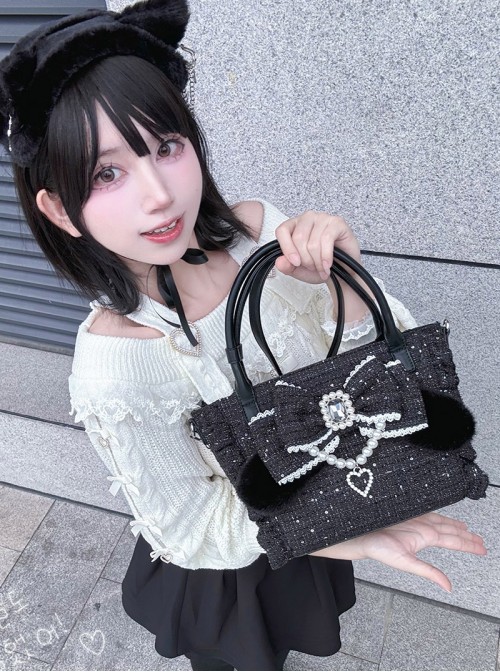 Bunny Lelely Series Kawaii Fashion Exquisite Pearl Bow Jirai Onna Japanese Style Lace Crossbody Handbag