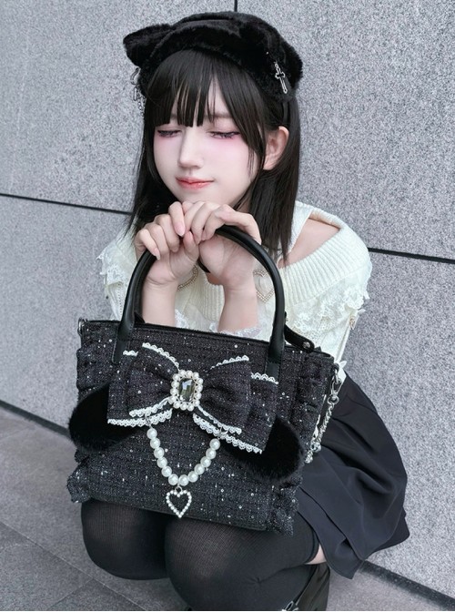 Bunny Lelely Series Kawaii Fashion Exquisite Pearl Bow Jirai Onna Japanese Style Lace Crossbody Handbag