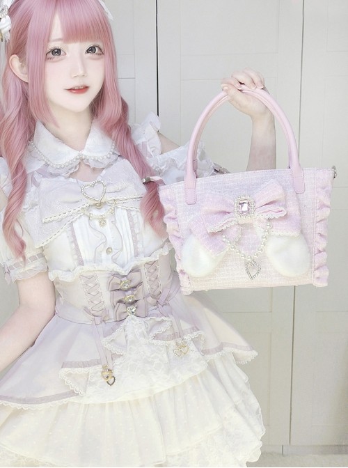 Bunny Lelely Series Kawaii Fashion Exquisite Pearl Bow Jirai Onna Japanese Style Lace Crossbody Handbag