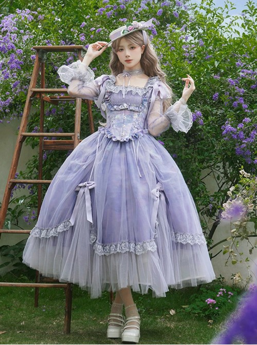 Misty Wisteria Series Classic Lolita Exquisite Purple Ruffle Jacquard Tulle Bubble Sleeve Dress Hat Choker Set