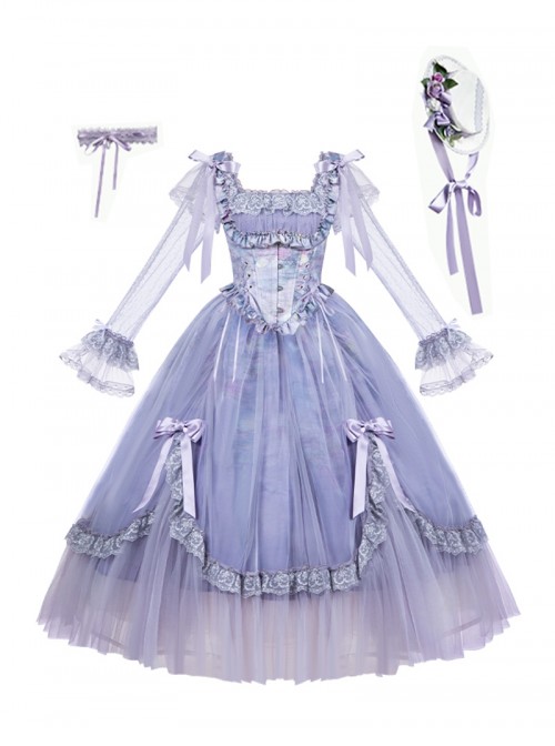 Misty Wisteria Series Classic Lolita Exquisite Purple Ruffle Jacquard Tulle Bubble Sleeve Dress Hat Choker Set