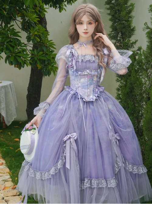 Misty Wisteria Series Classic Lolita Exquisite Purple Ruffle Jacquard Tulle Bubble Sleeve Dress Hat Choker Set