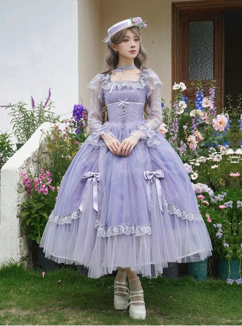 Misty Wisteria Series Classic Lolita Exquisite Purple Ruffle Jacquard Tulle Bubble Sleeve Dress Hat Choker Set