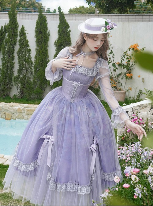 Misty Wisteria Series Classic Lolita Exquisite Purple Ruffle Jacquard Tulle Bubble Sleeve Dress Hat Choker Set