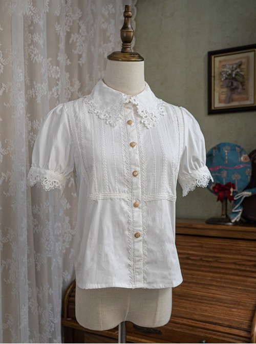 Antique Key Series Classic Lolita Retro Elegant School Commute Delicate Lace Collar Bubble Sleeve White Shirt