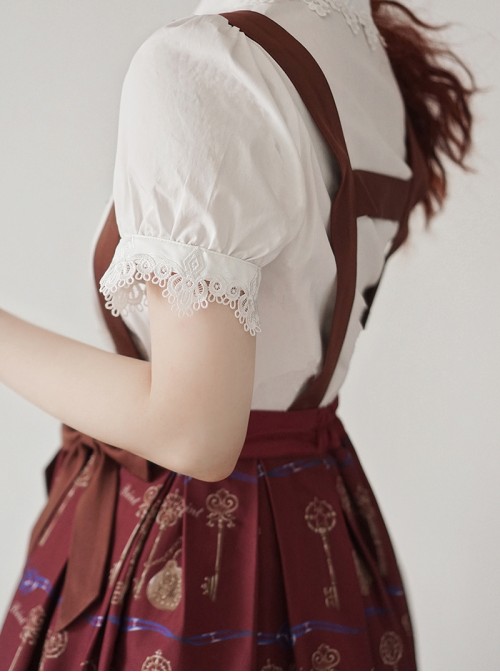 Antique Key Series Classic Lolita Retro Elegant School Commute Delicate Lace Collar Bubble Sleeve White Shirt