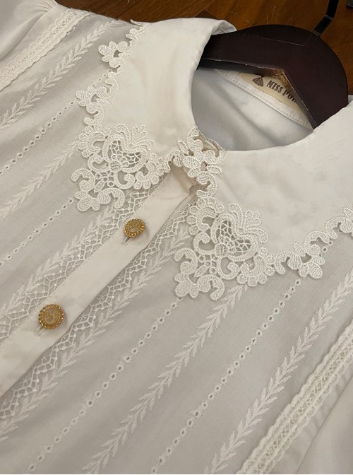Antique Key Series Classic Lolita Retro Elegant School Commute Delicate Lace Collar Bubble Sleeve White Shirt