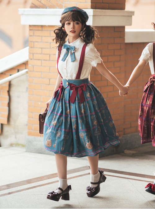 Antique Key Series Sweet Lolita Retro Elegant School Commute Print Waist Belt Suspender Skirt