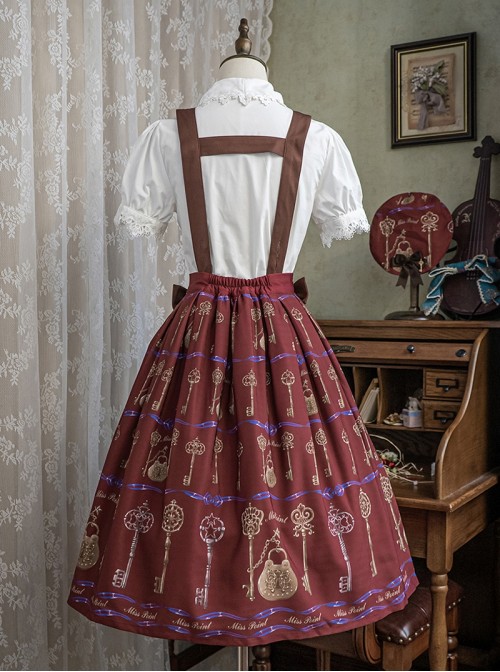 Antique Key Series Sweet Lolita Retro Elegant School Commute Print Waist Belt Suspender Skirt