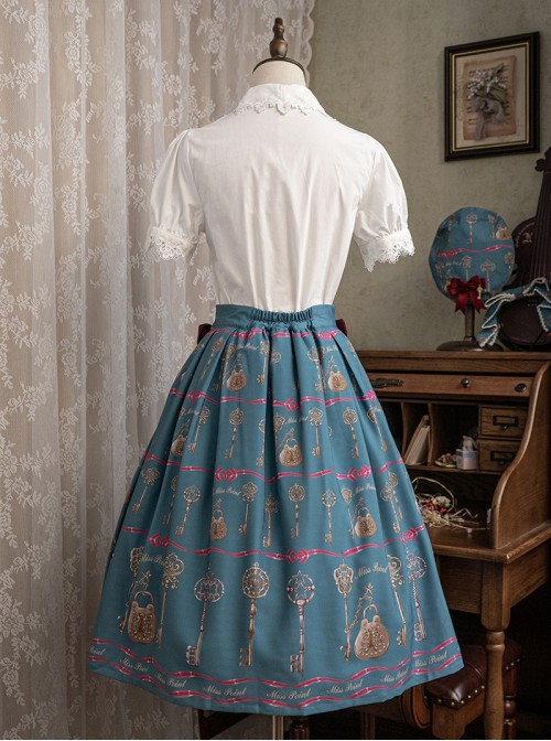 Antique Key Series Sweet Lolita Retro Elegant School Commute Print Waist Belt Suspender Skirt
