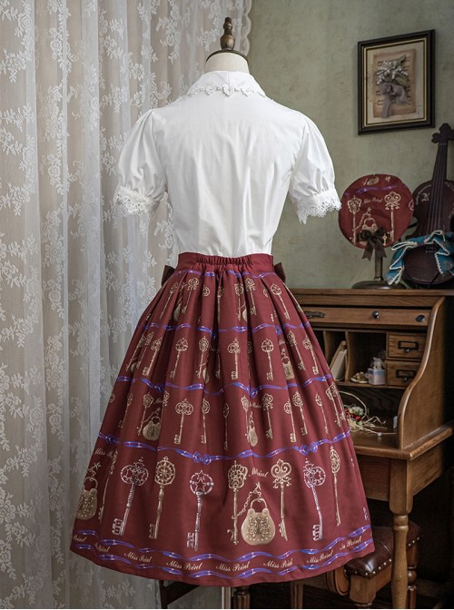 Antique Key Series Sweet Lolita Retro Elegant School Commute Print Waist Belt Suspender Skirt