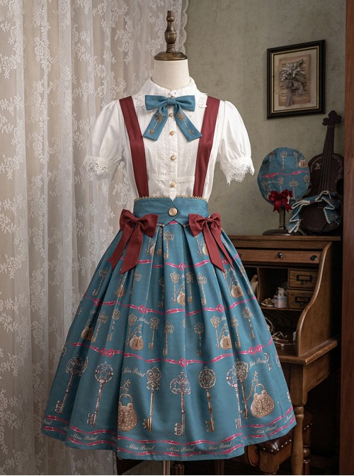 Antique Key Series Sweet Lolita Retro Elegant School Commute Print Waist Belt Suspender Skirt