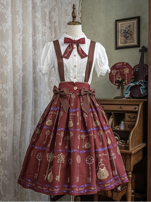 Antique Key Series Sweet Lolita Retro Elegant School Commute Print Waist Belt Suspender Skirt