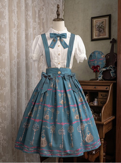 Antique Key Series Sweet Lolita Retro Elegant School Commute Print Waist Belt Suspender Skirt