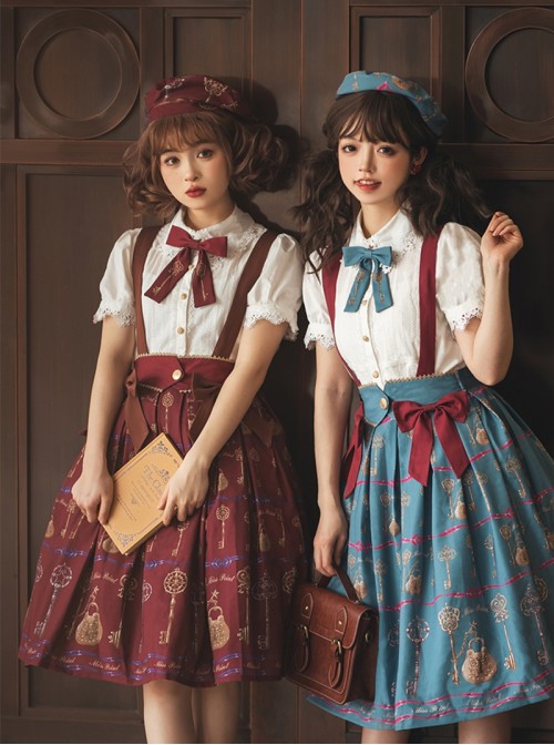 Antique Key Series Sweet Lolita Retro Elegant School Commute Print Waist Belt Suspender Skirt