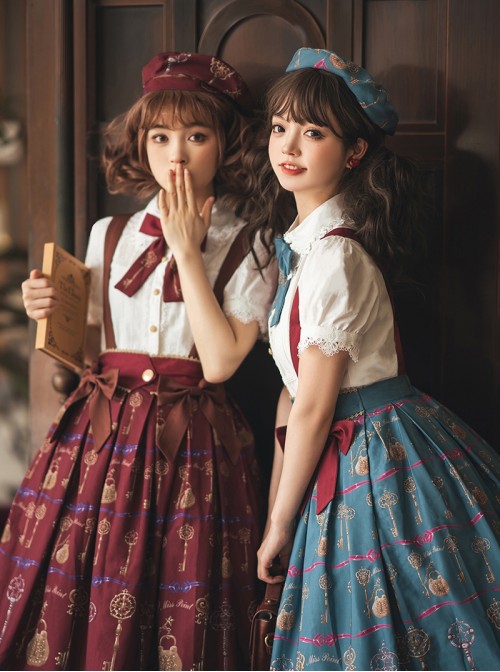 Antique Key Series Sweet Lolita Retro Elegant School Commute Print Waist Belt Suspender Skirt
