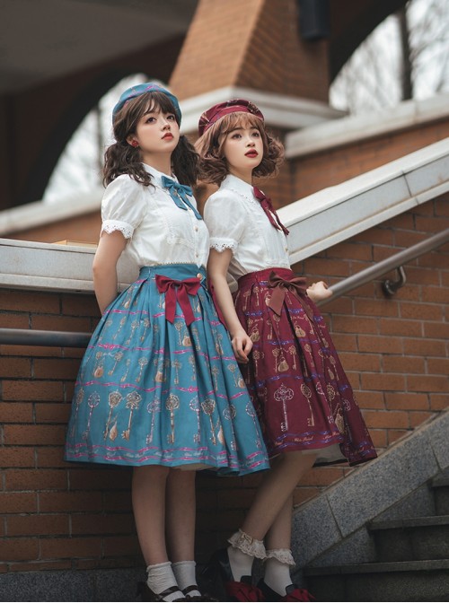 Antique Key Series Sweet Lolita Retro Elegant School Commute Print Waist Belt Suspender Skirt