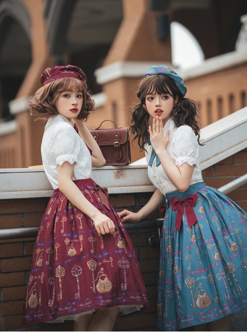 Antique Key Series Sweet Lolita Retro Elegant School Commute Print Waist Belt Suspender Skirt
