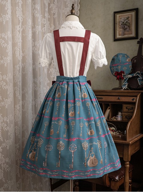 Antique Key Series Sweet Lolita Retro Elegant School Commute Print Waist Belt Suspender Skirt