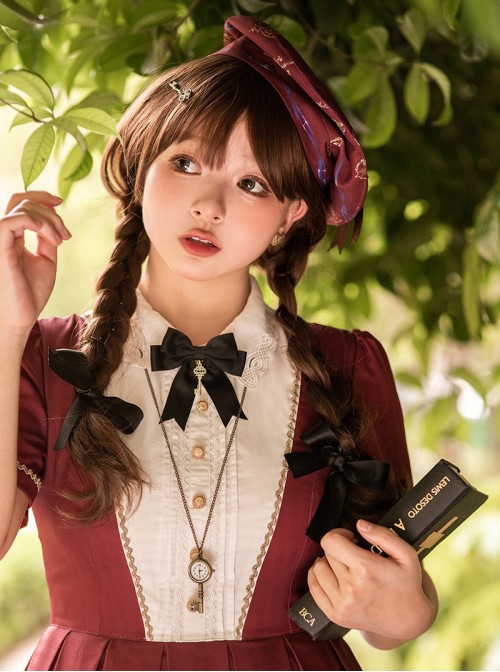 Antique Key Series Classic Lolita Academic Style Retro Elegant Print Bow Beret