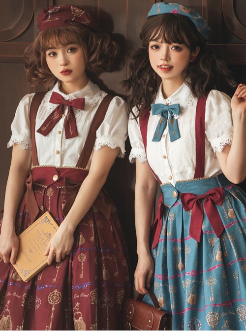 Antique Key Series Classic Lolita Academic Style Retro Elegant Print Bow Beret