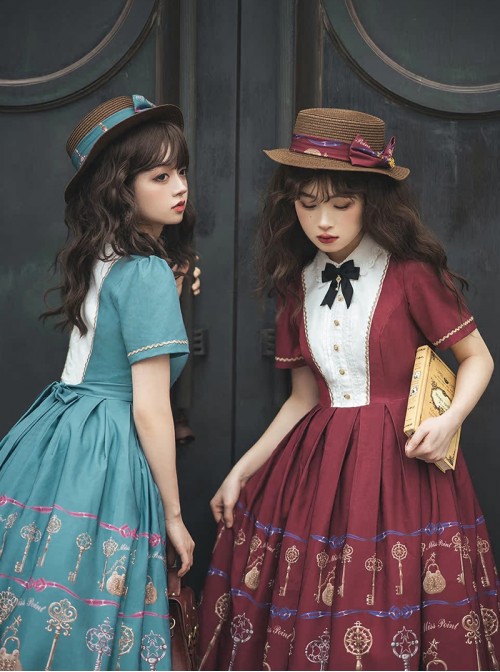 Antique Key Series Classic Lolita Retro Elegant British Style Print Woven Straw Hat
