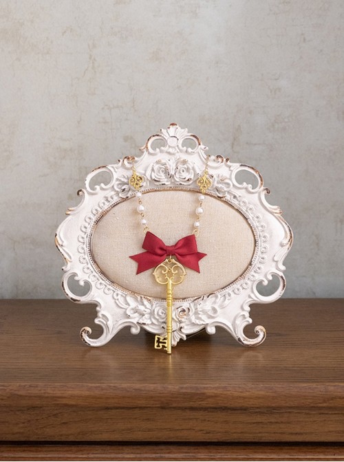 Antique Key Series Classic Lolita Elegant Delicate Pearl Key Bowknot Necklace