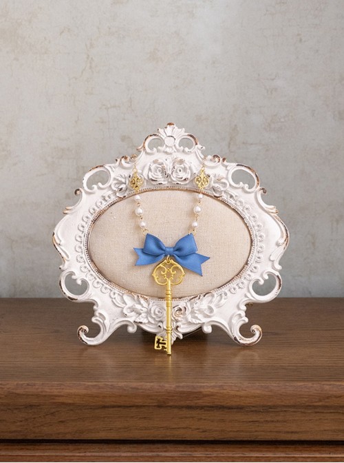 Antique Key Series Classic Lolita Elegant Delicate Pearl Key Bowknot Necklace