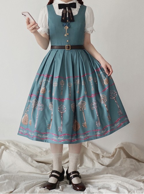 Antique Key Series Classic Lolita Elegant British Style Vintage Print Suspender Dress