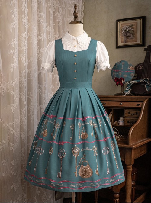 Antique Key Series Classic Lolita Elegant British Style Vintage Print Suspender Dress