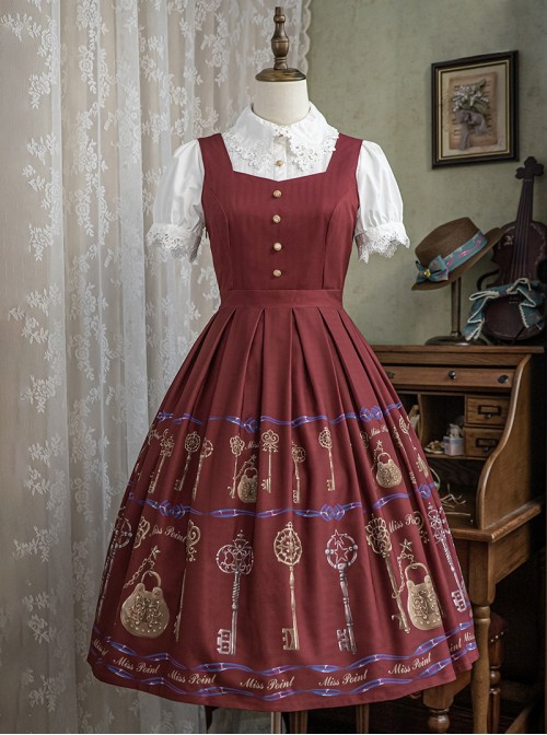 Antique Key Series Classic Lolita Elegant British Style Vintage Print Suspender Dress